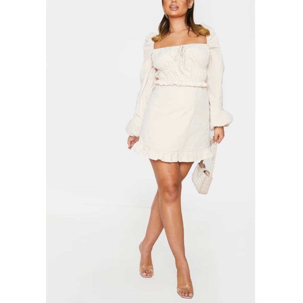NWT PrettyLittleThing Beige Stone Ruched‎ Frill Tea Dress Size 10